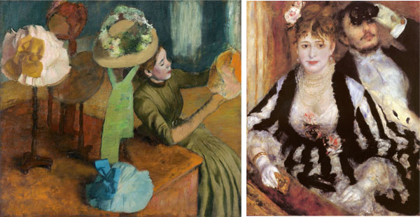 Degas’s The Millinery Shop, ca.1862-66, the Art Institute of Chicago (left), Renoir’s The Loge, 1874, the Courtauld Gallery, London