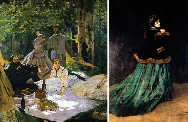 Monet's Luncheon on the Grass, 1865-66, Musée d’Orsay (left), Camille, 1866, the Kunsthalle Bremen
